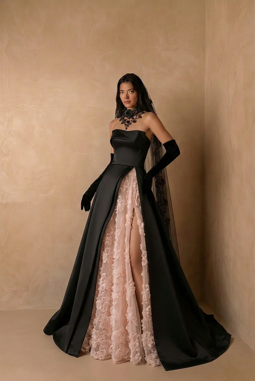 Black Strapless Satin Gothic Evening Dress – High Slit 3D Floral Lace Tulle Formal Dress Plus Size