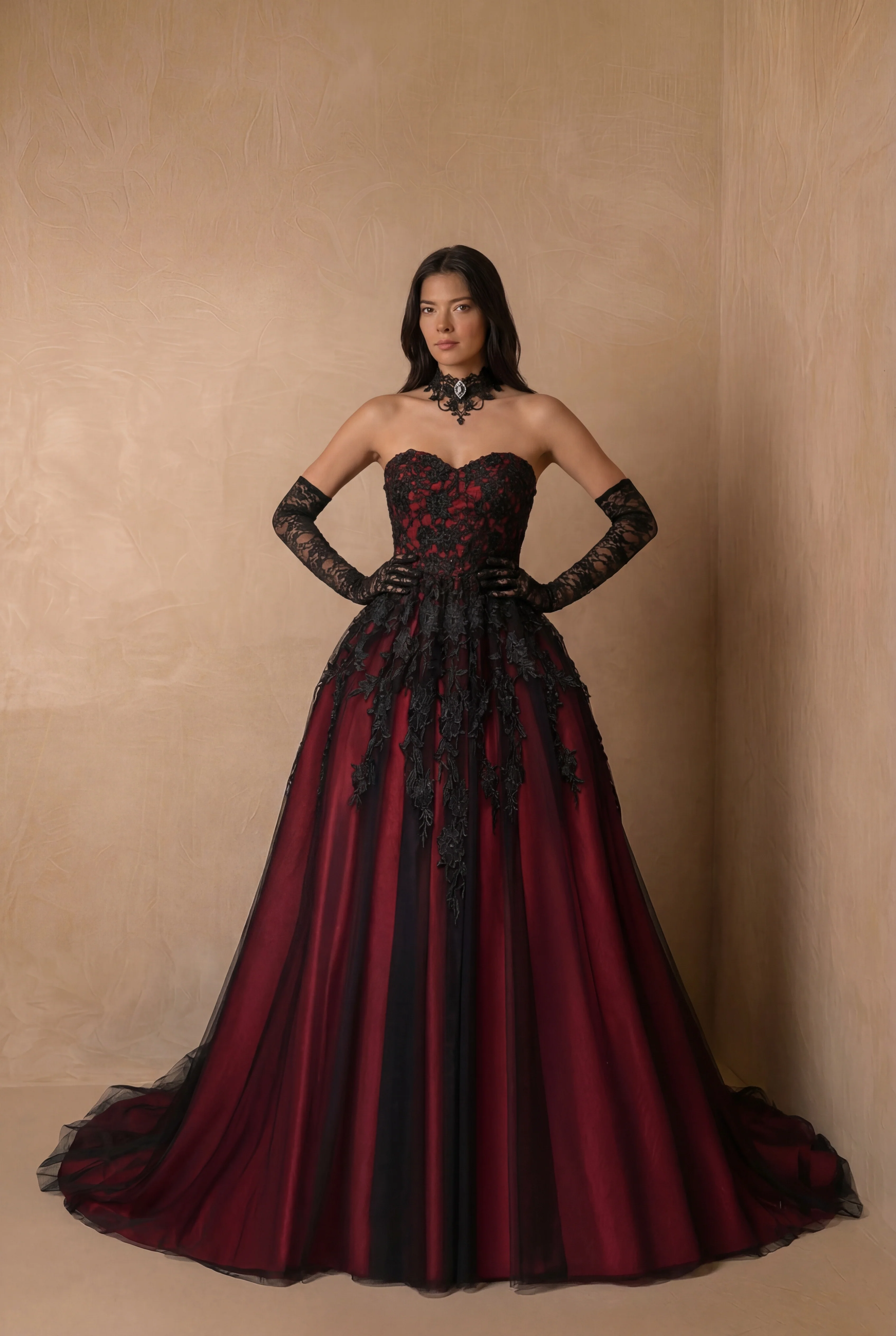 Burgundy Black Lace Strapless Gothic Ball Gown – Embroidered Tulle Full Skirt Evening Dress Gothic Bridal Dress Plus Size